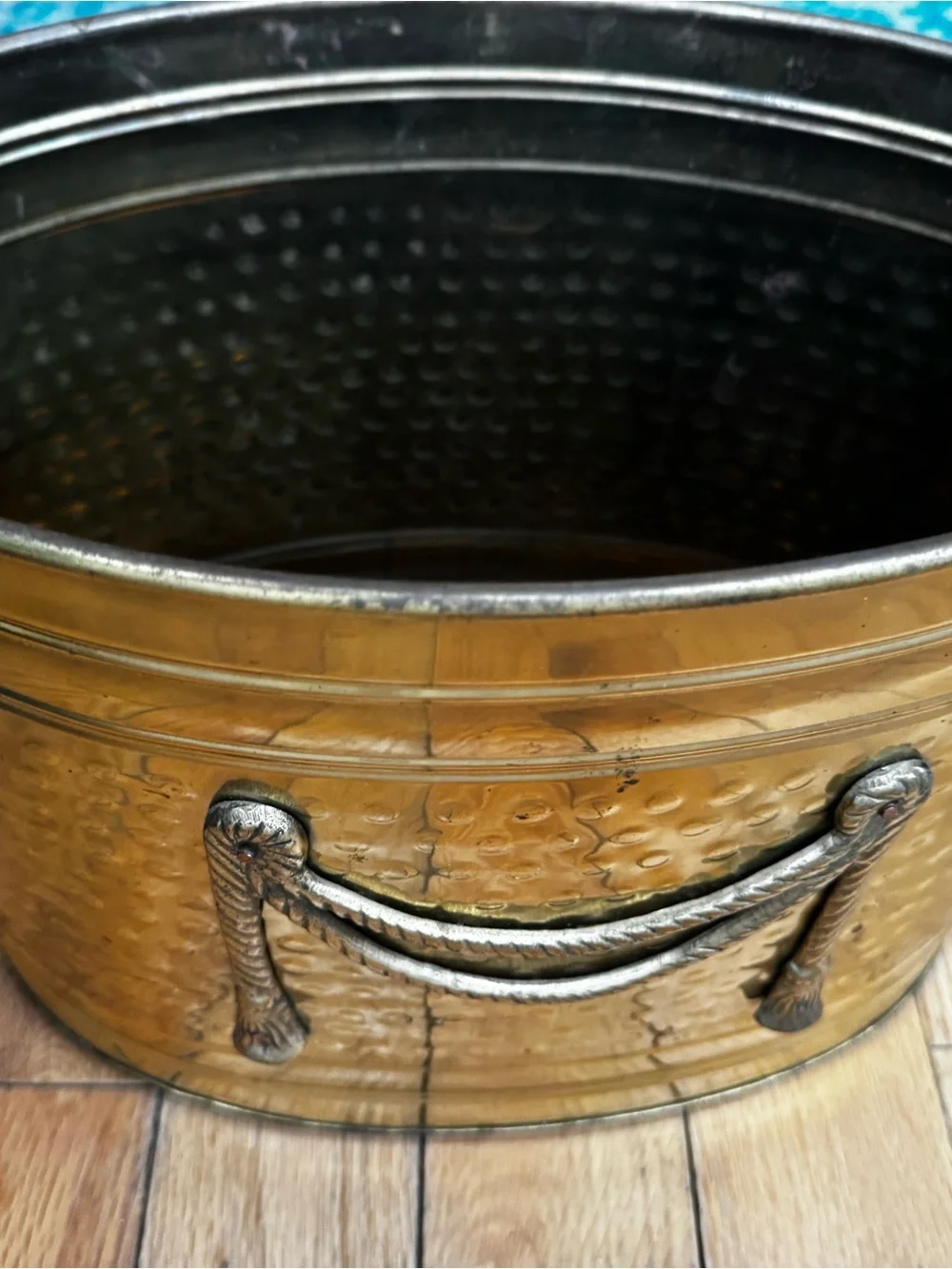 Vintage Hammered Brass Vessel with Rope-Style Handles Planter / Storage